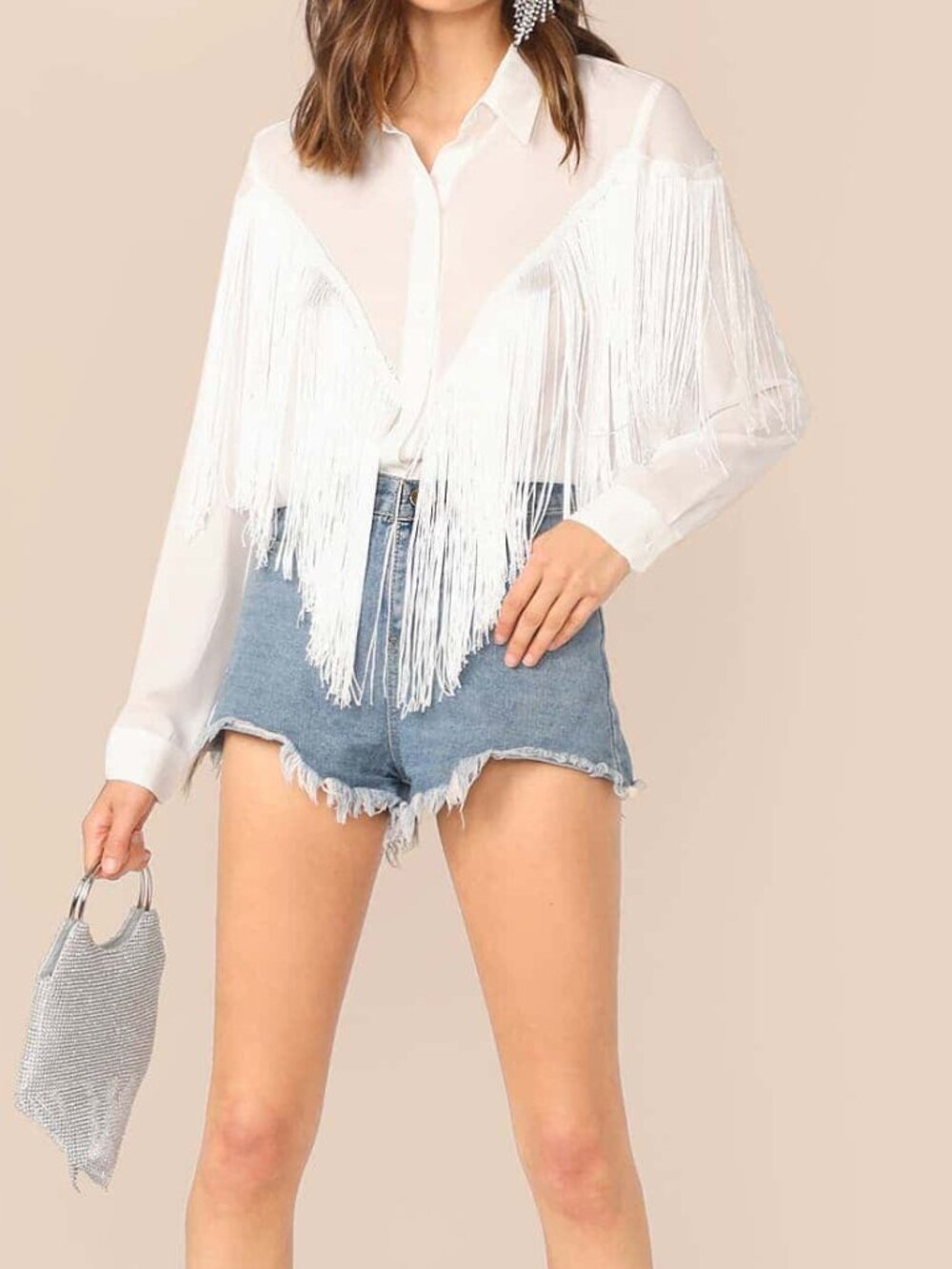 Women's Chevron Fringe Trim Shirt - Picture 4 of 6